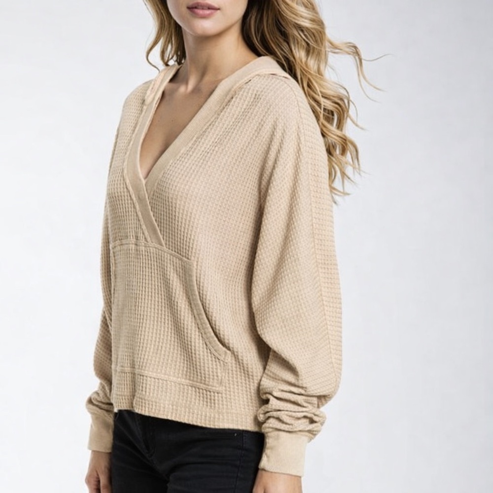 Three Dots Waffle Knit Hoodie in Oatmeal Size Medium